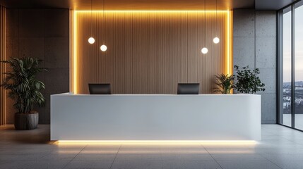 Modern Office Reception Area with Minimalist Design and Ambient Lighting Featuring a Sleek White Desk and Wooden Paneling