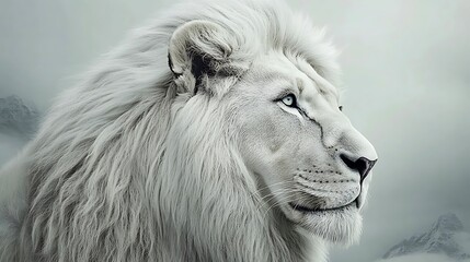 Majestic White Lion in Misty Mountain Landscape: A Digital Painting AI Generated