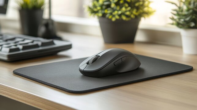 A sleek black mouse on a textured mouse pad, set on a wooden desk with plants.