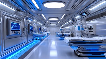 Obraz premium A photostock of a futuristic hospital with advanced robotic systems