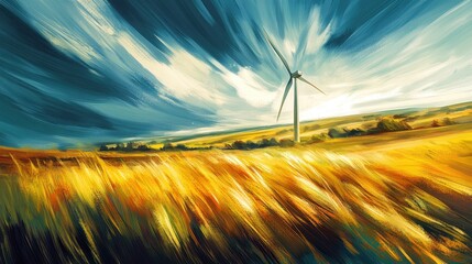 Spinning Wind Turbine in Bright Countryside Landscape