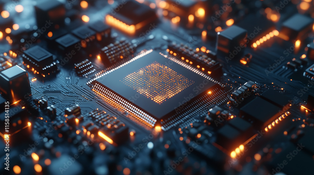 Poster abstract technology ai computing chipset on circuit board concept working data of artificial intelli