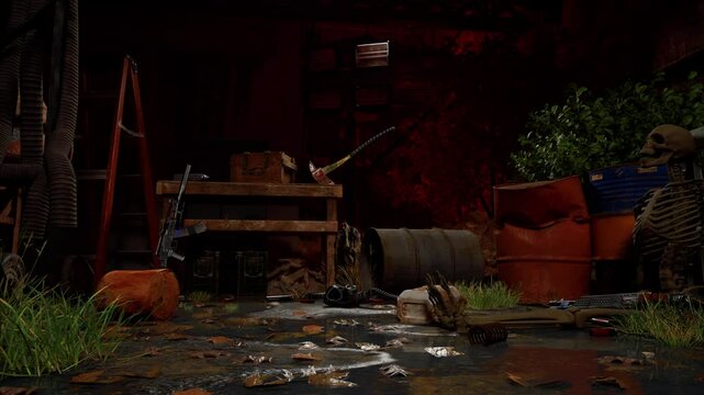 Cluttered post-apocalyptic hideout with scattered weapons, debris, puddles and a skeleton lit with ominous red light in the dark. Warriors hideaway in a desolate dystopian city.
