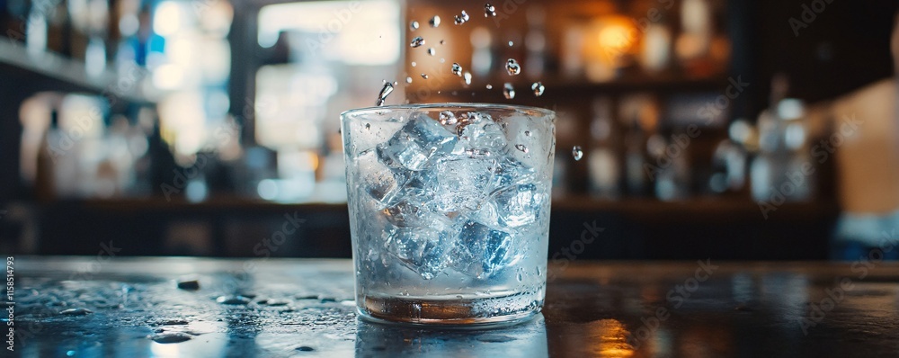 Poster ice cubes splashing into glass of water on bar counter