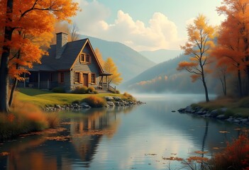 Fototapeta premium House by the water, autumn color on the lake, beautiful yellow-red with reflection on the water 