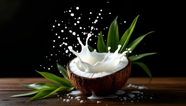 A dynamic splash of coconut milk on a wooden table, emphasizing the freshness and allure of this tropical ingredient