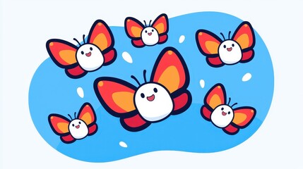 Fototapeta premium Cute Cartoon Butterflies Flying on Blue Background Happy Insects Illustration