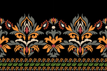 Ikat embroidery on black background. Traditional geometric oriental ethnic pattern. Abstract Aztec style vector illustration.