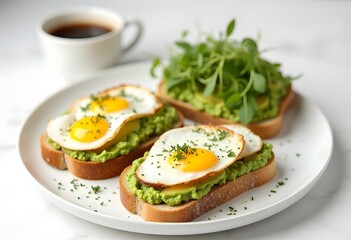 Avocado Egg Toast, Eggs on Toasted Bread with Avocado, Healthy Snack or Breakfast on Bright Background
