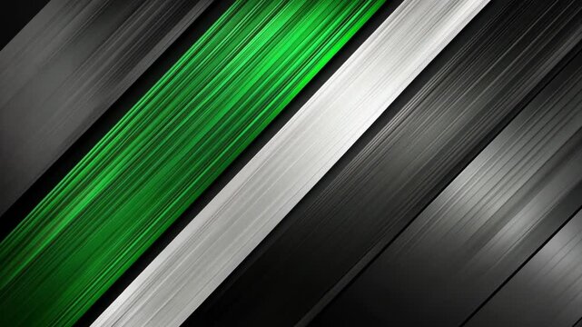 Abstract design featuring sleek patterns of green, silver, and black in smooth, flowing lines