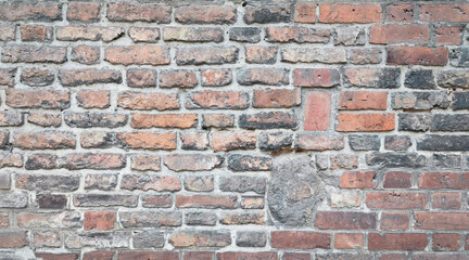 Horizontal Old Brick Wall Texture - Rustic Red and Gray Bricks with Weathered Patterns, Perfect for Backgrounds and Architectural Design