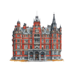Fototapeta premium Grand Red Brick Mansion Architectural Illustration