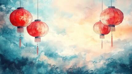Obraz premium Celebrating chinese new year with traditional chinese lanterns a watercolor background of festive joy