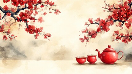 Celebrating chinese new year with a traditional chinese tea set illustration in a festive background