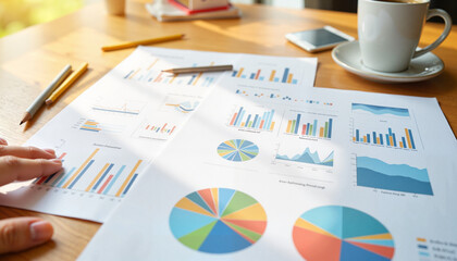 Analysis of business data with charts and graphs on a wooden table in a cozy cafe setting