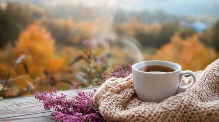 Steaming hot tea warming up on cozy sweater with autumn colors in background