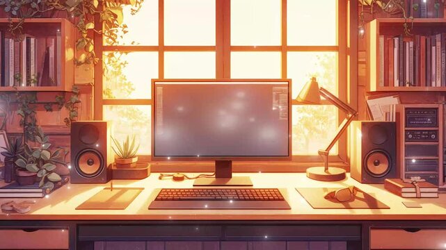 Modern minimalist desk setup blends nature and technology during golden hour glitch stream overlay seamless loop Vtuber streamer asset twitch zoom OBS screen animated wallpaper virtual background