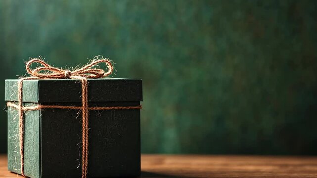 Gift box wrapped in twine sits on a wooden table against a dark green background, conveying a sense of mystery and anticipation