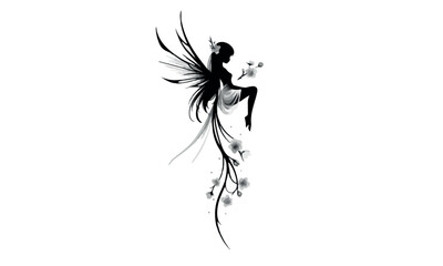 Magical fairy logo. Flying fairy silhouette. Mythical tale character. Little creature with wings