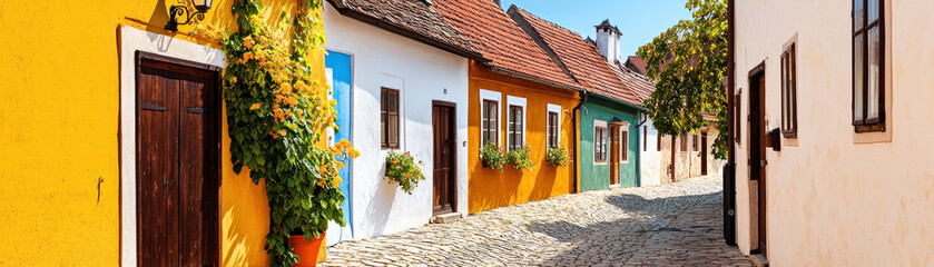rustic village in countryside with colorful houses and cobblestone streets, creating charming atmosphere
