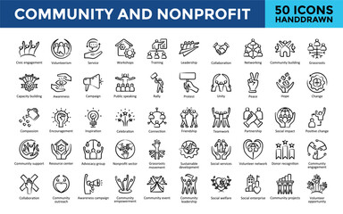 Community and Nonprofit icons set with civic engagement, volunteerism, service, workshops, training, leadership, collaboration, networking, community building icon. Simple handdrawn vector 
