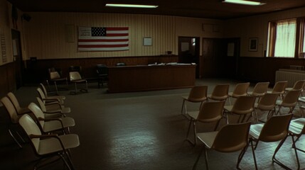 Courthouse building exterior bathed in warm sunset hues, symbolizing justice and order amidst the tranquility of evening light.