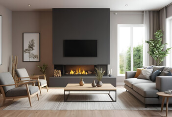 Minimalist living room with neutral furniture modern accents and large windows.