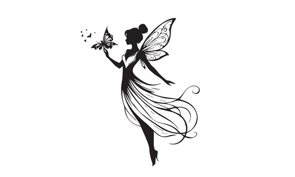 Flying fairy silhouette. Little creature with wings. Magical fairy logo. Mythical tale character in dress