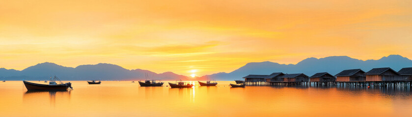 serene fishing village at sunrise with boats gently floating on calm waters, reflecting warm orange hues