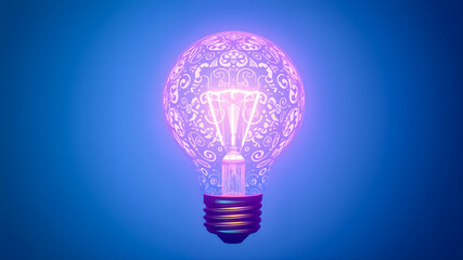 Glowing light bulb on blue background, idea concept. 3D rendering