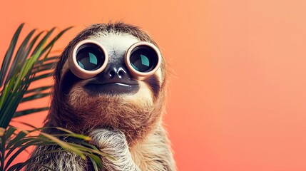 A cheerful sloth looks through binoculars on a peach backdrop
