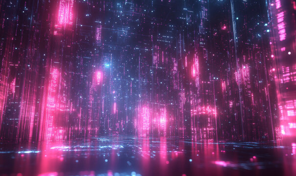 A quantum computing environment with floating, translucent AI algorithms and complex mathematical equations visualized in space
