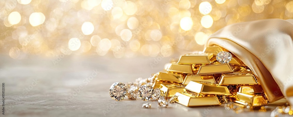 Poster wealth gold concept. a luxurious display of gold bars and sparkling diamonds on a shimmering surface