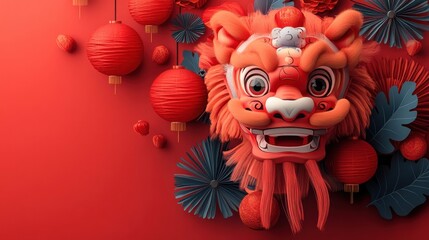 Fototapeta premium Vibrant chinese new year lion dance performance illustrations cultural background urban environment festive atmosphere dynamic viewpoint