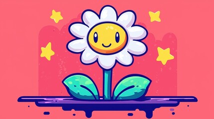 Fototapeta premium Happy Daisy Flower Illustration Cute Cartoon Floral Design Spring Bloom Childish Art Fun Bright