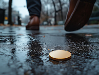 Fototapeta premium Mockup of a gold coin. Coin layout for any currency. The man in brown shoes does not notice the gold coin lying on the wet asphalt