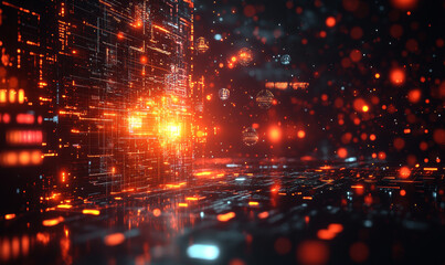 A quantum computing environment with floating, translucent AI algorithms and complex mathematical equations visualized in space