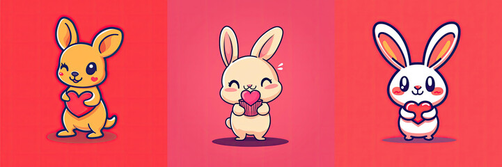Obraz premium Adorable Bunnies and Kangaroo with Hearts Cute Cartoon Animals Valentines Day