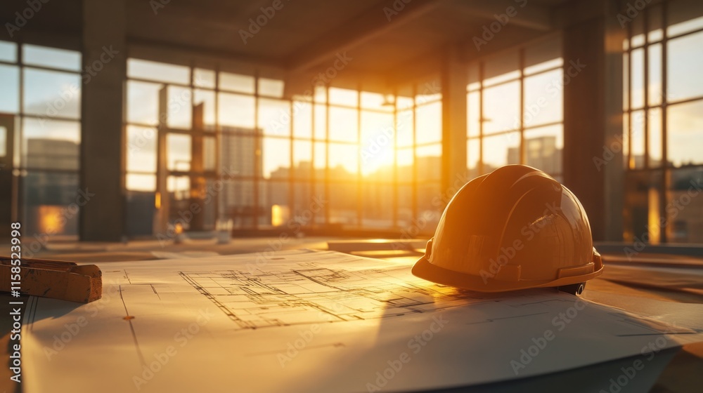 Fototapete sunlight streams through large windows in an under-construction building, illuminating blueprints an