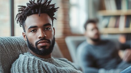Serious young man relaxing on sofa at home with friend