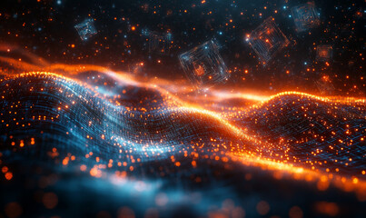 A quantum computing environment with floating, translucent AI algorithms and complex mathematical equations visualized in space