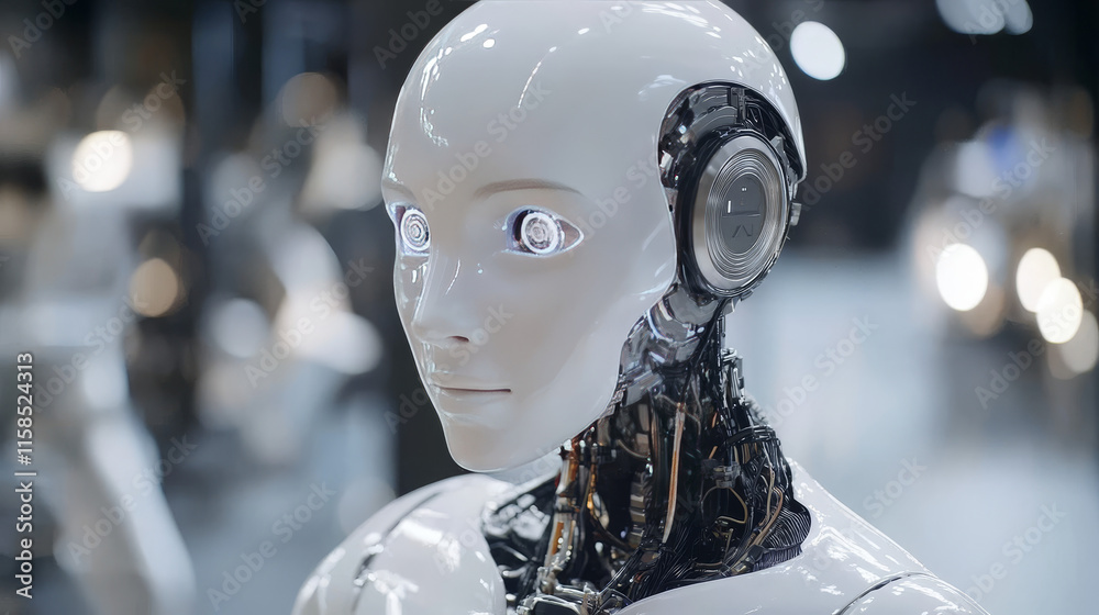 Poster abstract technology artificial intelligence concept big data digital human head in robot and digital