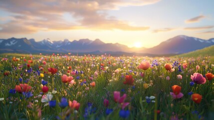Fototapeta premium Vibrant wildflowers bloom in a mountain meadow at sunset.