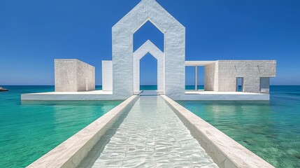 Fototapeta premium Modern White Architecture with Geometric Arches and Water Feature on a Tropical Island.
