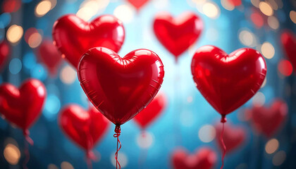 Red heart shaped balloons floating against a blurred blue background with bokeh lights for Valentines day 14 February