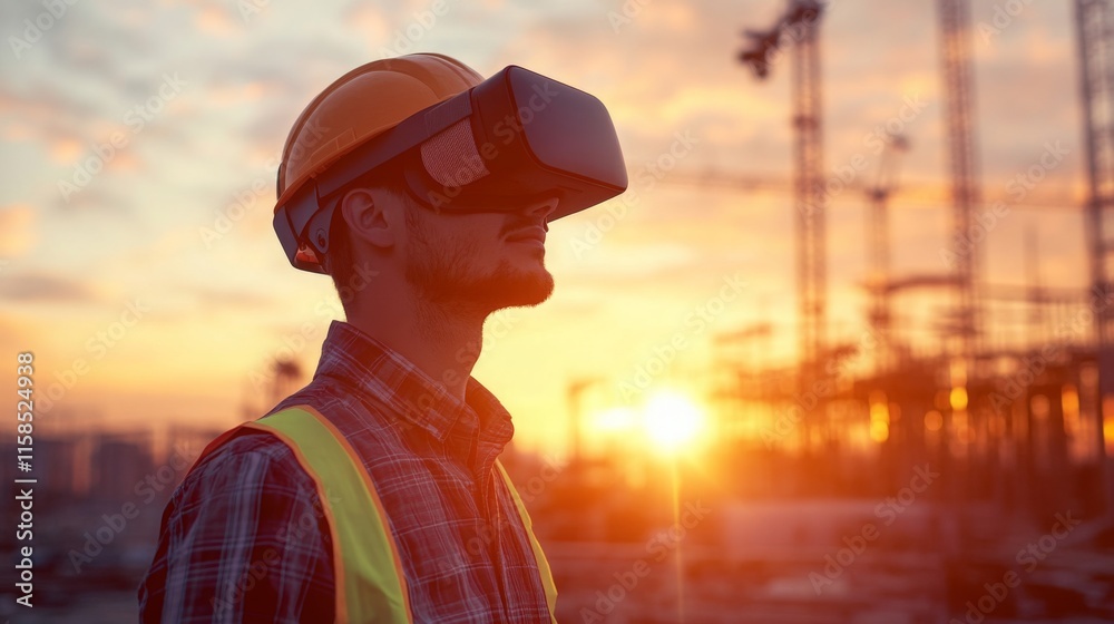 Aufkleber a construction worker wearing a virtual reality headset observes a building site during sunset. this
