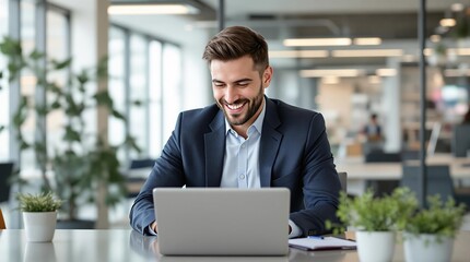 Smiling Success: A confident businessman working on his laptop, radiating positive energy and focused determination. The image exudes professionalism, ambition, and the pursuit of goals.  