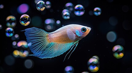 Fototapeta premium Colorful betta fish swimming amidst iridescent bubbles in dark water.