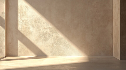 Minimalist interior with sunlight casting shadows on textured walls in a modern space