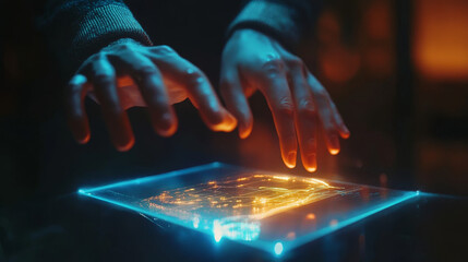 Abstract Digital Hologram DeFi Decentralized Finance Blockchain, cryptocurrency and bitcoin, online, internet transaction Futuristic.
